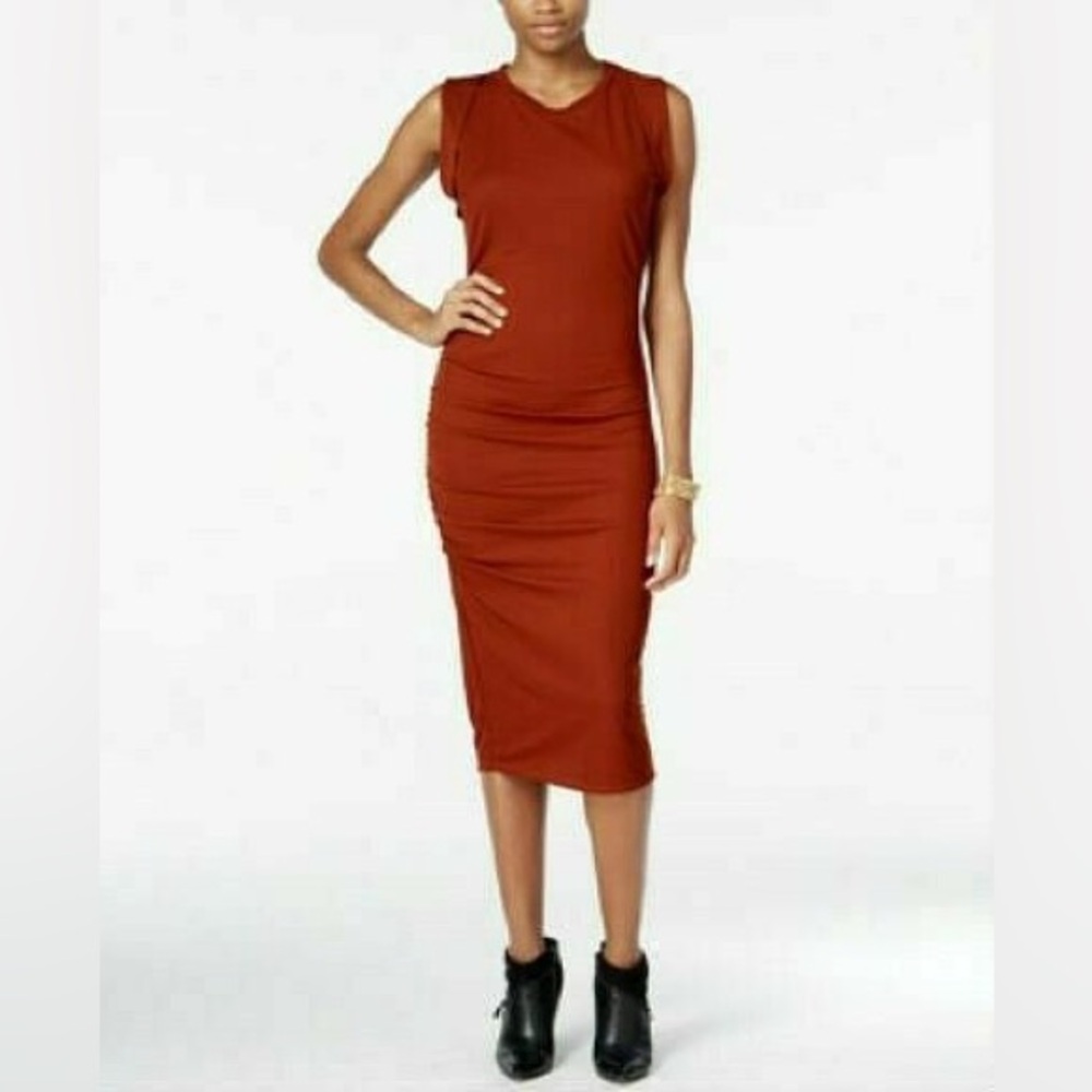 Bar III Ruched Midi Dress in Smokey Paprika Burnt Red size XS